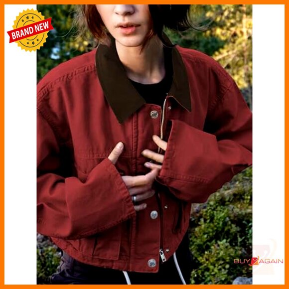 Cropped Utility Jacket Casual Button Front Cargo Pockets Oversized Chic Style - Picture 2 of 7